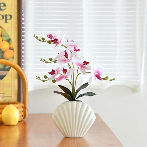 Artificial Phalaenopsis Orchid Plant in Seashell Pot, 16" Fake Orchid Flowers, Silk Faux Orchids for Home Decor, Office, Table Centerpiece, Real Touch Lifelike Indoor House Plant (White and Pink) - color: White and Pink