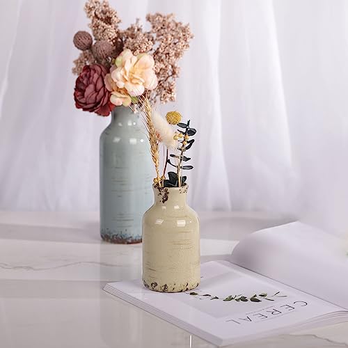 Multicolor Ceramic Vase Set of 3 - Coastal Rustic Farmhouse Decor Flower Vases for Shelf, Dining Room Table, Fireplace Mantel, Living Room, Coffee Table, Tabletop, Kitchen Cabinet, Entryway Decoration - color: Blue Grey Beige