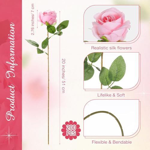 Lyrow 200 Pcs Artificial Roses Realistic Flowers Bulk Real Looking Fake Silk Rose Bouquets with Long Stem Flowers for Wedding Table Centerpieces Bridal Shower Party Home Garden Decor (Pink) - color: Pink
