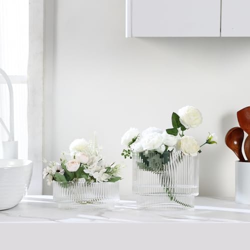Short Glass Vases, Set of 2 Clear Glass Vases for Tulips, Ribbed Vase for Flowers, Modern Small Vase for Living Room, Dining Room, Bathroom, Desk, Shelf, Wedding, Office - color: Clear, size: Oval 7 Inches (2-Pack)