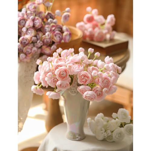 18 Pcs Ranunculus Artificial Flowers Pink Mini Faux Ranunculus Flowers Pink Silk Ranunculus Flowers for Wedding DIY Bouquets Home Decor Arrangements - color: Pink