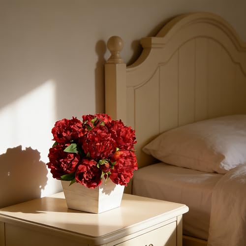 Artificial Hydrangea Flowers Arrangement in Wood Planter, 4PCS Fake Flowers in Wooden Vase Potted Floral Centerpieces for Tables Living Room Home Office Kitchen Decor (Red Peony) - color: Red Peony