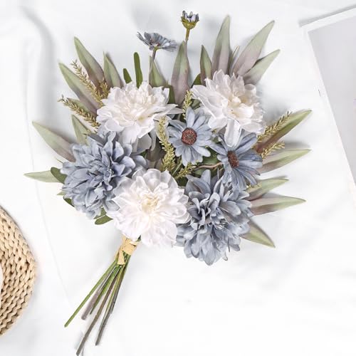 Dremisland Artificial Flowers Bouquet Silk Blue Flowers Fake Floral Arrangements Faux Blue and White Flowers Plant Wedding Bride Bouquets Floral Tables Centerpieces for Home Decor Indoor Vase Table - color: Blue White