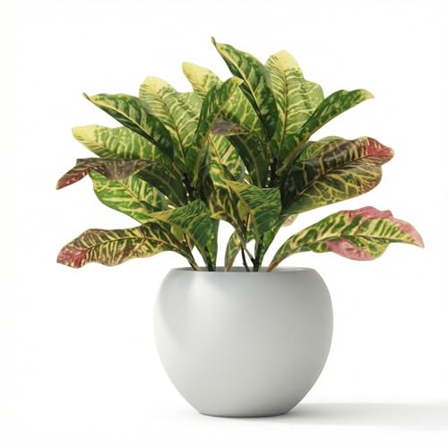 Hotop 4 Pcs Artificial Croton Plant 15.8 Inch Faux Greenery Leaf Branches Lifelike Tropical Houseplant Bush Stems for Home Office Garden Pot Decoration