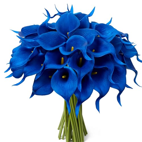 24 Pcs Blue Artificial Calla Lily Flowers Fake Blue Silk Flowers Real Touch for Wedding Bouquet Office Home Kitchen Decor - color: Blue