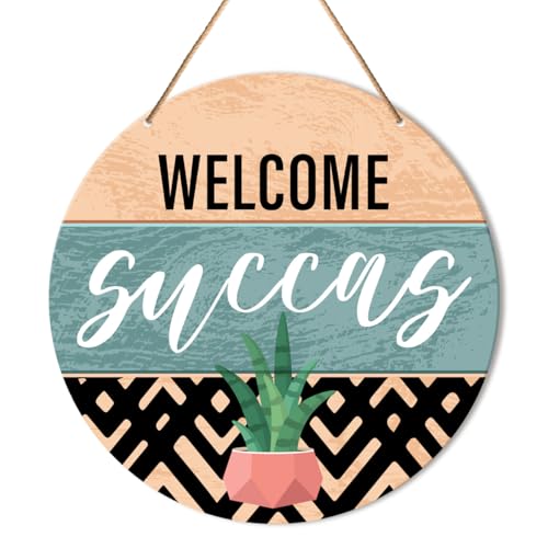 Muktoujaumai Welcome Sign Front Door Decor, Welcome Round Hanging Sign Decor Boho Decorations Succulent Wall Wood Sign for Door, Porch, Home, Plant Lover Gift, Welcome Succas - color: Y5