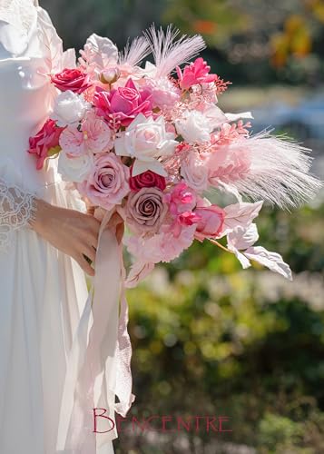 Hot Pink Bridal Bouquets for Bride,14 Inch Wedding Bouquets, for Wedding Ceremony, Anniversary, Party and French Rustic Vintage Wedding,Artificial Flowers - color: Hot Pink, size: 14 Inch