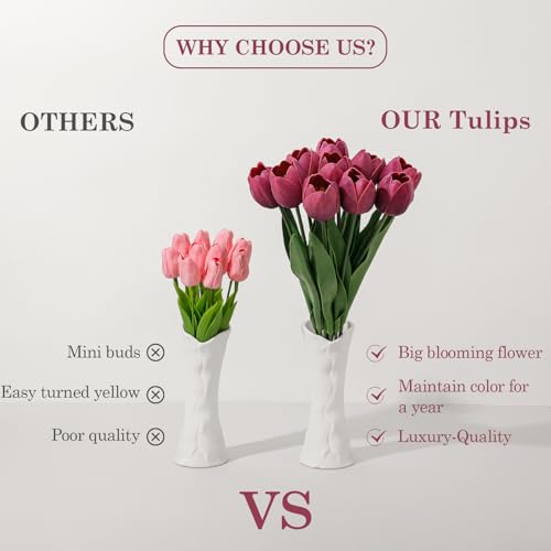 Deep Red Fake Tulips,18.5" PU Artificial Tulips Flowers for Spring Easter Home Kitchen Wedding Bouquet Bulk Mother's Gift Day Decorations - color: Deep Pink