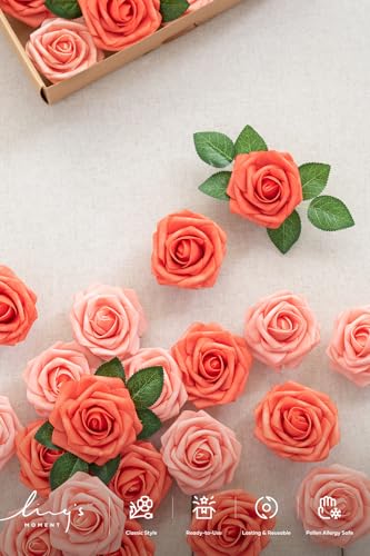 Ling's moment Artificial Flowers 25Pcs Deep Coral Roses Decor w/Stems,3" Real Touch DIY Foam Floral for Wedding Bouquet/Centerpieces, Outdoors Party Backdrop, Room/Table, and Garden/Pot Decorations - color: Pk- Coral & Peach Pearl, size: 25Pcs