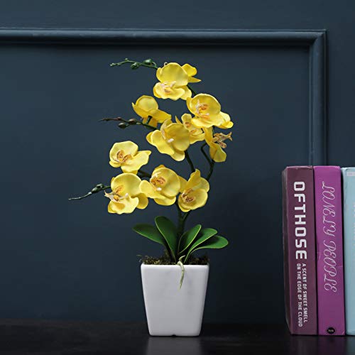 15" Tall Artificial Silk Phalaenopsis Orchid Flower Plant Pot Arrangements (Yellow) - color: Yellow