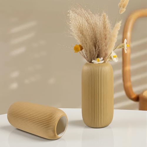 Ceramic Vase for Flowers – Modern Small Ribbed Textured Flower Vase for Home Decor, Pampas Grass, Decorative, Farmhouse, Coffee Table, Kitchen Centerpieces, Bookshelf and Home Living (Milk Coffee) - color: Milk Coffee