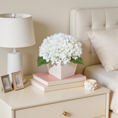 Artificial Hydrangea Flowers Arrangement in Wood Planter, 4PCS Fake White Flowers in Wooden Vase Potted Floral Centerpieces for Tables Living Room Home Office Room Shelf Kitchen Decor - color: White Hydrangea