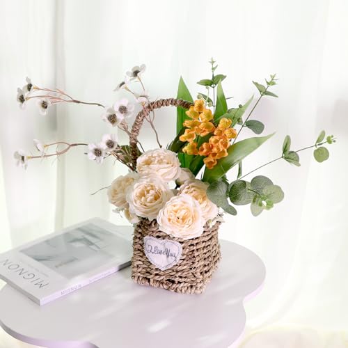 Artificial Flower Arrangement in Woven Basket with Heart Design, Wooden Woven Basket Mixed White Roses and Yellow Orchidsfor Home Decoration Dining Table Centerpiece