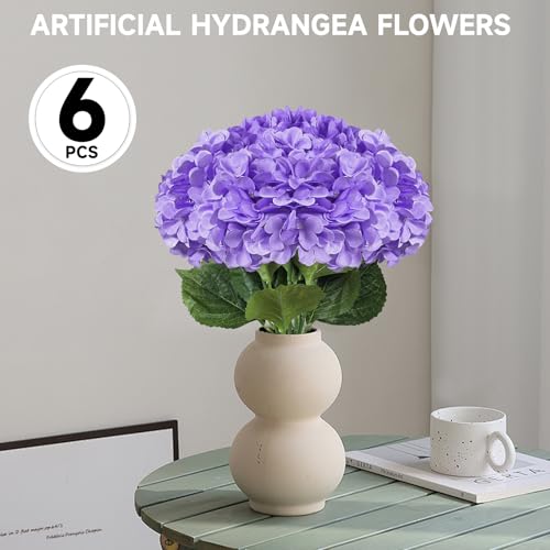 6 PCS Artificial Hydrangea Flowers, Faux Silk Hydrangea with Long Stems, Home Wedding Decor, Table Centerpieces, Party Decorations (Purple) - color: Purple