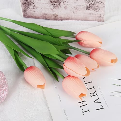 Artificial Tulips Flowers Fake Latex Tulip Stems - 30pcs Real Touch Faux Multicolor Tulips Flower for Easter Spring Wedding Bouquet Centerpiece Floral Arrangement Cemetery Table Decor - color: Coral