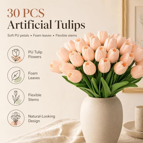 MACTING 30 PCS Artificial Tulip Flowers 13.7" Real Touch Fake PU Tulips Bouquet Faux Flowers for Floral Arrangements Table Centerpieces Kitchen Mothers Day Summer Decorations,Light Pink - color: Light Pink