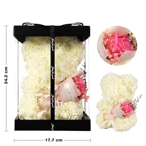 Gifts for Mom Rose Bear, Rose Teddy Bear Birthday Gift for Girlfriend Wife, Rose Flower Gift for Women,Valentines Gifts,Flower Bear with I Love You Necklace - color: White Rose