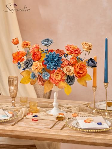 Serwalin Fall Flowers Artificial, Orange Silk Flowers with Stems, Fake Roses Blue Dahia Flower for Wedding Bouquets Bridal Baby Shower Party Arrangment Cake Floral Decoration - color: A Bright Orange & Blue, size: 1 Box