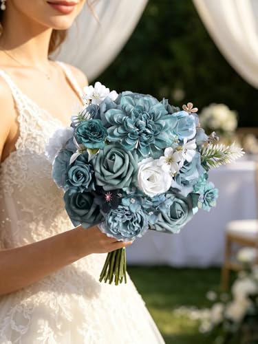 Artificial Flowers Combo Box Set Dusty Blue Silk Floral Arrangements for Wedding Bridal Bouquet, Cake Flowers, Table Centerpieces, Party & Home Decor - color: Dusty Blue White