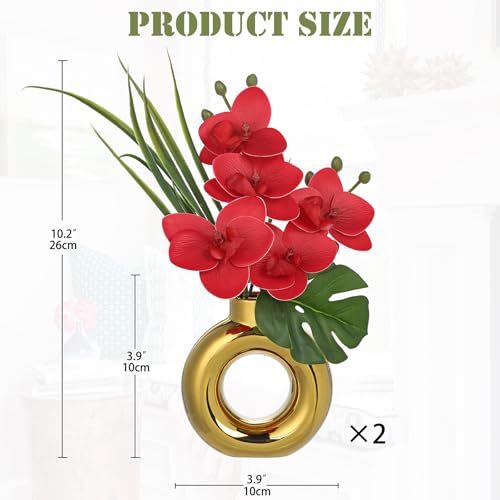 Briful Fake Orchid Flowers with Gold Pot 2PCS Red Orchid Silk Flowers Arrangement Artificial Orchid Plants for Home Office Room Kitchen Shelf Table Decor - color: Red Gold