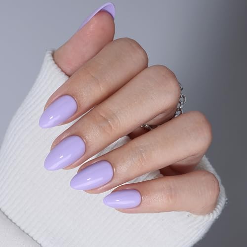 32Pcs Soft Gel Press on Nails for Women, Lilac Lavender, Short Almond | Solid Color Glossy False Fake Nails Press Ons for Office Daily Wear, Salon Quality Reusable Glue & Stick on Nail Gift Kit - color: 3G-Lilac Lavender