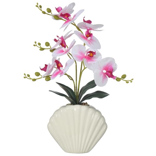 Artificial Phalaenopsis Orchid Plant in Seashell Pot, 16" Fake Orchid Flowers, Silk Faux Orchids for Home Decor, Office, Table Centerpiece, Real Touch Lifelike Indoor House Plant (White and Pink) - color: White and Pink