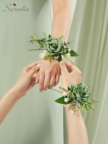 Serwalin 2 Pcs Wrist Corsage, 6-7 Inch Green Corsage for Wedding, Bridesmaid Mother Grandmother, Artificial Flowers for Prom Ceremony Anniversary - color: Green, size: Corsage-2pcs