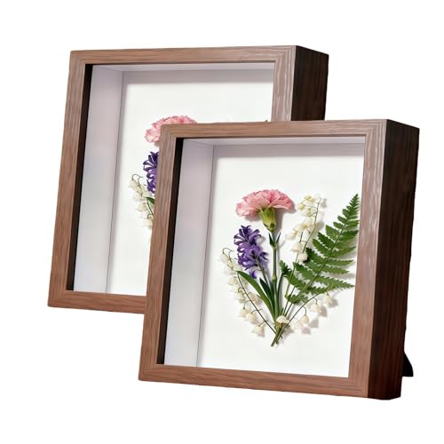 8x8 Shadow Box - 2Pack Walnut Color Wooden Deep Picture Frame with Shatter-Resistant Panel for Wall Decor | 3D Display Case for Flowers, Photos and Crafts | Easy to Open & Ready to Hang Gift Idea - color: Walnut Color, size: 2Pcs 8X8in