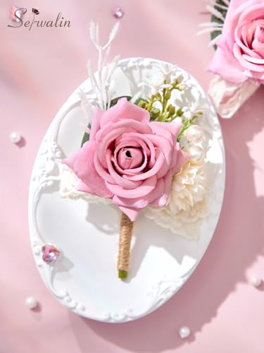 Serwalin 6 Pcs Pink Boutonniere for Men, Groom Groomsmen Best Man Guest Boutonnieres，Artificial Flowers Silk Rose for Wedding Prom Ceremony Anniversary Party Homecoming - color: Pink, size: Boutonniere 6pcs