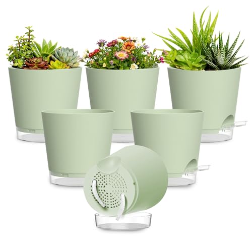 Plant Pots 7 Inch Self Watering Pots, 6 Pack Plastic Planters with Drainage Holes and Clear Saucers,Plastic Flower Pots for Indoor Out Door Plants(Green) - color: Green, size: 7 inch