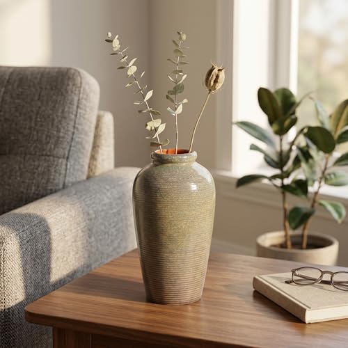 Rustic Farmhouse Ceramic Vase - 11 Inch Large Brown Pottery Vases Home Decor, Glazed Textured Decorative Vase for Pampas Grass, Console, Entryway Table Decor, Mantle, Kitchen Centerpieces - color: Deep Brown