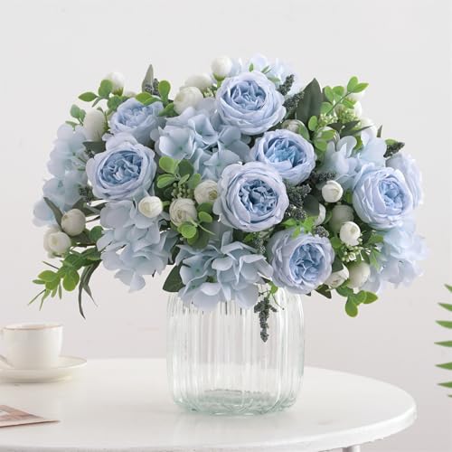 4 Bunches Peonies Artificial Flowers, Silk Peonies Flowers Fake Bouquet Faux Floral Arrangements for Centerpiece Table Wedding Party Home Decor (4, Blue White) - color: Blue White