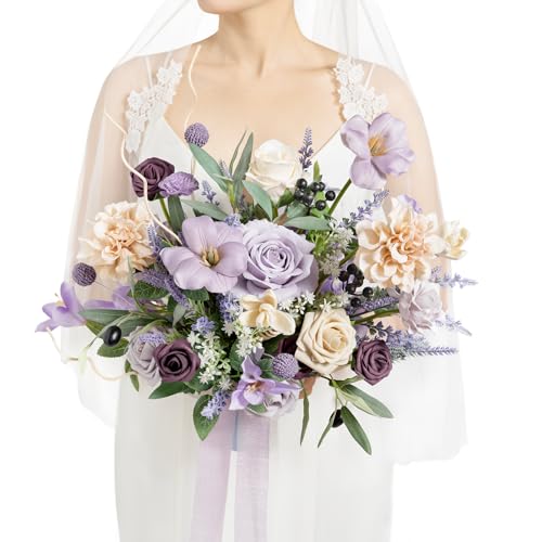Ling's moment Purple Lavender Wedding Bouquets for Bride, Lilac Bridal Bouquets for Bride,15 Inch Free Form Artificial Wedding Flower Bouquet - color: Prpl-lavender Purple, size: Medium 15 Inch