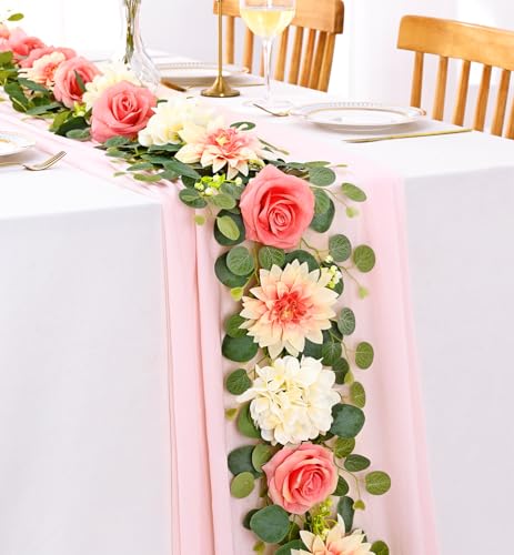 Yastouay 6 Ft Flower Garland with Lights, Pink Rose Floral Garland Fake Flowers for Wedding Arch Party Tables Backdrop Decor - color: Pink With Lights, size: 1 Pack
