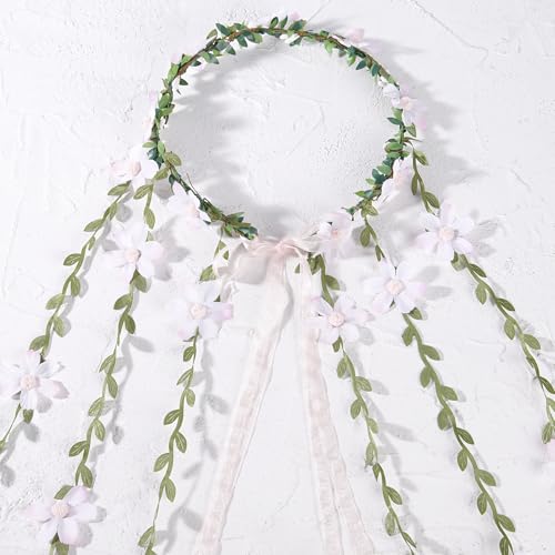 Fairy Pink Flower Headpiece, Artificial Boho Daisy Floral Headband, Forest Woodland Vine Flower Crown for Women Bridal Wedding Renaissance Party Cosplay Costume Hair Accessories - color: Pink
