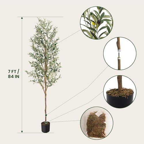 Artificial Fake Olive Tree 7FT Tall 1Pack Faux Silk Olive Tree for Home Living Room Office Decor Faux Artificial Plants Indoor Fake Potted Plants with Fruit & Free Moss - size: 7ft