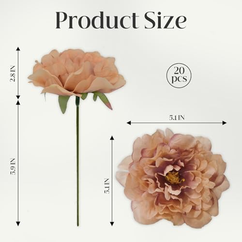 20 Pcs Artificial Flower Peonies, 5" Silk Fake Peonies with 6" Stems No Leaf, Faux Peonies Flowers for Decoration Wedding Home Party Centerpiece Decor Floral Art (Caramel Colour) - color: Caramel Colour