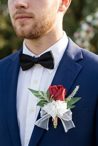 Burgundy Corsage and Boutonniere Set for Wedding Prom, Artificial Rose Flower Homecoming Corsage Wristlet, Boutonniere for Men Wedding Suit Decor - color: Burgundy