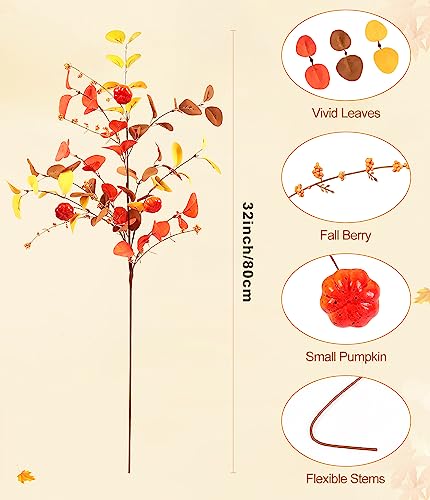 Beferr Fall Eucalyptus Stems Christmas Decor - 5Pcs 32" Tall Faux Eucalyptus Leaves Pumpkins Branches Autumn Thanksgiving Farmhouse Harvest Fireplace Table Centerpiece Home Decorations - color: Pumpkin Eucalyptus
