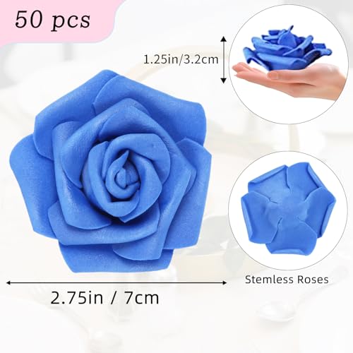 50 PCS Dark Blue Foam Rose Stemless Artificial Flower Head Bulk 2.75in Mini Fake Simulated Eternal Flores Roses Flower for DIY Craft Bridal Bouquets Centerpieces Arrangement Home Decoration - color: Dark Blue