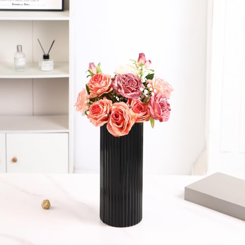 Black Glass Vase for Flowers, Ribbed Glass Vase for Tulips, Black Modern Vases, Tall Cylinder Glass Vases for Living Room, Bedroom, Dining Table, Office, Wedding, Bookshelf, 12 Inches - color: Black, size: 12''