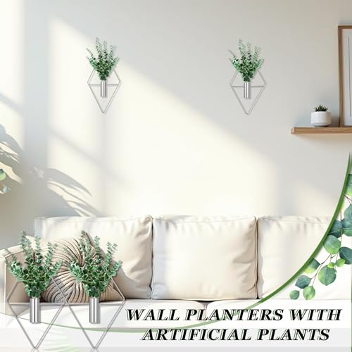 Canlierr 2 Pieces Wall Decor Hanging Planters with Artificial Plants Metal Hanging Vase Indoor Plants Holder Modern Boho Wall Art for Bathroom Bedroom Living Room Decor(Silver, Eucalyptus) - color: Silver, size: Eucalyptus