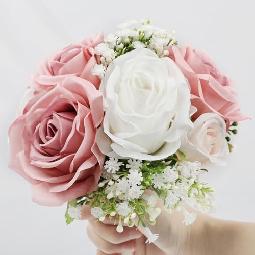Wedding Bridesmaid Bouquets Set of 6, Artificial Silk Flowers Arrangement for Ceremony Marriage Proposal Party Anniversary Decorations - Dusty Pink & White - color: Dusty Pink & White, size: Set of 6 Bouquets