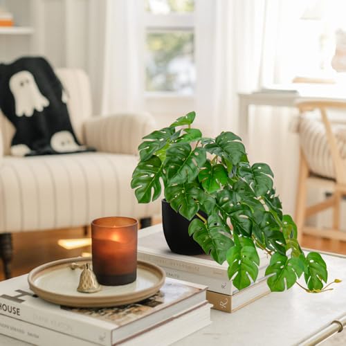 DILATATA Fake Plants Indoor 8 Inch Artificial Monstera Plant in Black Plastic Pot - Faux Potted Tropical Palm Plant for Home Aesthetic Decor Living Room Shelf Office - color: Monstera #Plastic#style 1