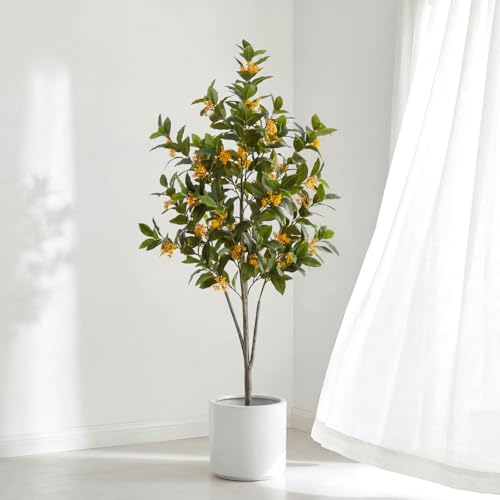 Daifunli 5ft Artificial Flower Tree Indoor Faux Osmanthus Tree Realistic Osmanthus Plants in Pot with Orange Flowers Lifelike Fake Floor Plant for Indoor Outdoor Home Living Room Office Wedding - style: Osmanthus Tree
