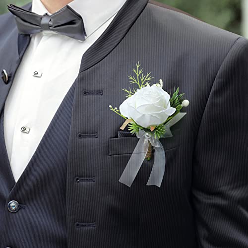 Garisey 4pcs White Rose Boutonniere for Men Artificial Rose Flower for Wedding Flowers Ceremony Prom Flower (4 Boutonniere) - color: 4 Boutonniere