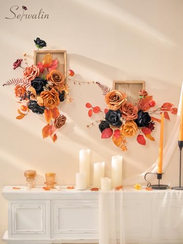 Serwalin Artificial Orange & Black Flowers, Silk Fake Flowers, Autumn Faux Flowers for Wedding Bouquet, Table Centerpieces, Home Decor - color: Orange & Black, size: Square
