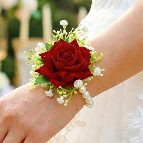Wedding Corsage Wristlet Red Rose Wrist Corsage for Women (Red) - color: Red