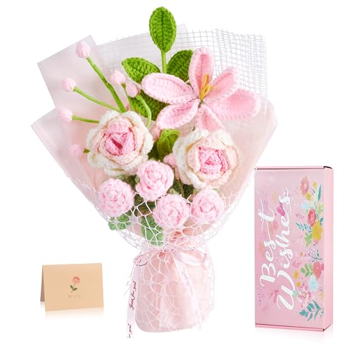 Crochet Flower Bouquet, Pink Crocheted Flowers Handmade Knitted Flowers Bouquet for Valentines Birthday Crochet Tulips Rose Bouquets Gifts for Flower Lovers (Including Gift Box and Card) - color: Z-pink