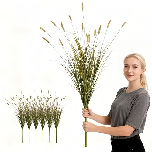37 inches Extra Lush Artificial Reed Grass (6pcs), Luxury Fake Tall Plants with 14 Heads Dogtail Flower, Luxury Faux Tall Greenery with Dogtail for Garden Porch and Home Decor (Yellow-14) - color: Yellow-14, size: 37 inches
